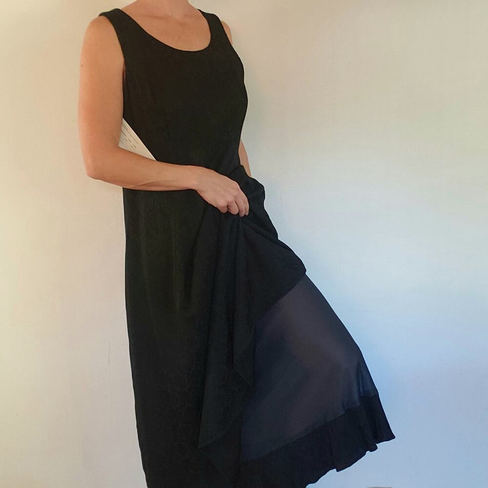 Vintage Deadstock 90s Cottagecore Rayon Dress Tiered Damask Print Black 12